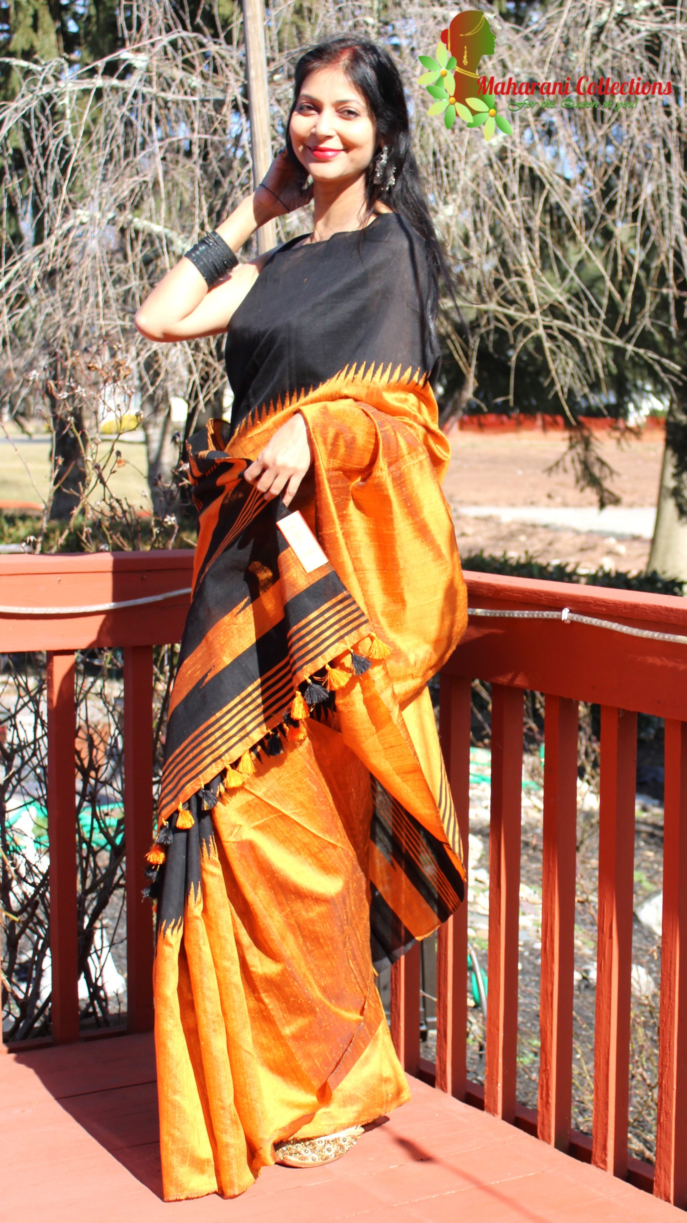 Orange saree with Black and White Border - Sri Kumaran Stores